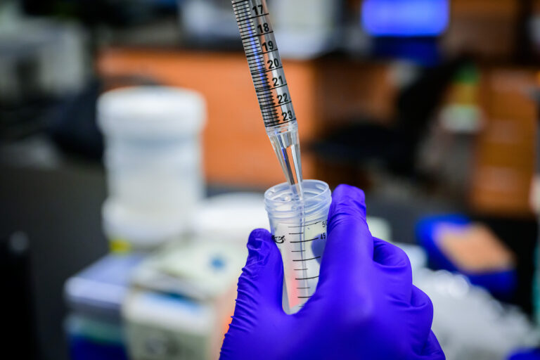 Researchers work on lab projects with a syringe and vial.