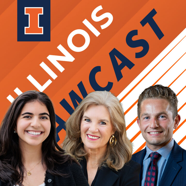 Illinois LawCast album art with portraits of Sophia Abedi, Heidi Hurd, and Josh Rosen