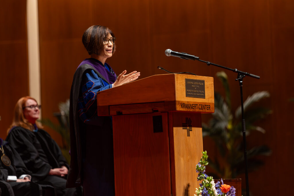 Alumna Yan Liu speaks during the 2026 graduation ceremony.